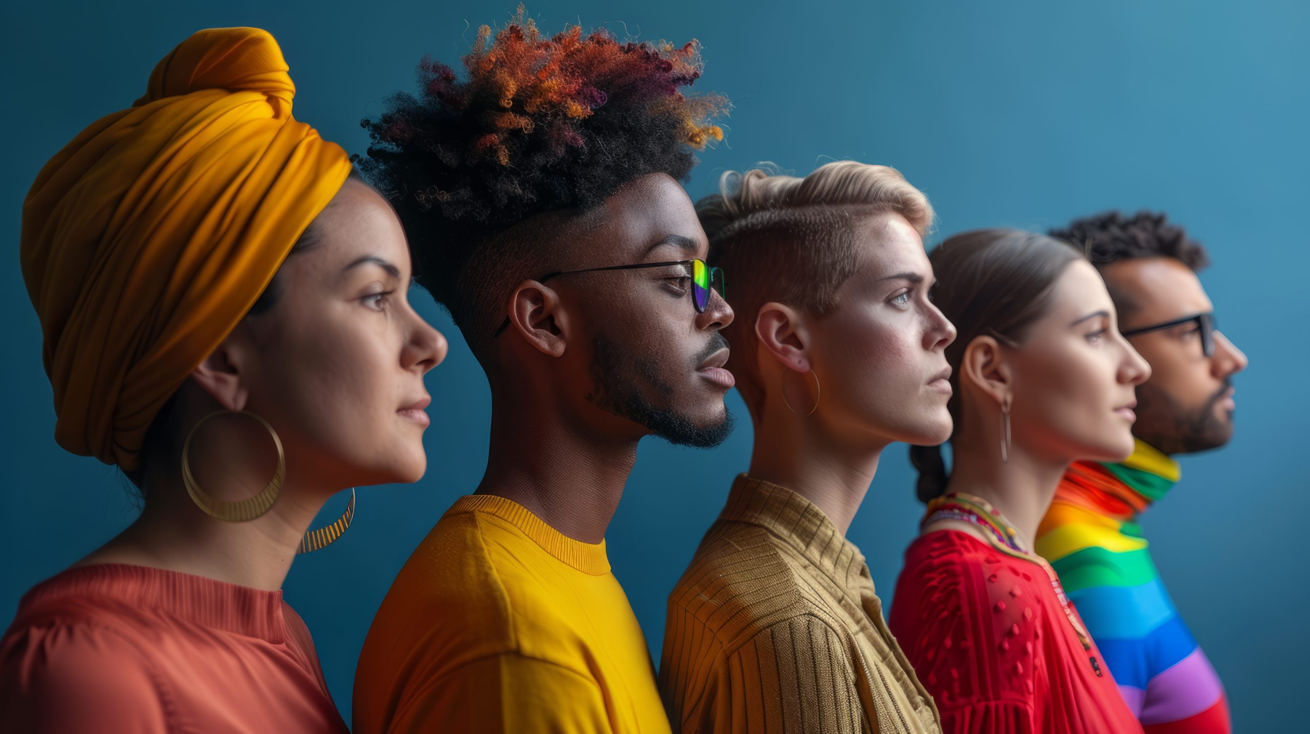 un grupo de personas diferentes cada una reflejando una etapa diferente de la edad adulta de pie juntos como en scaled